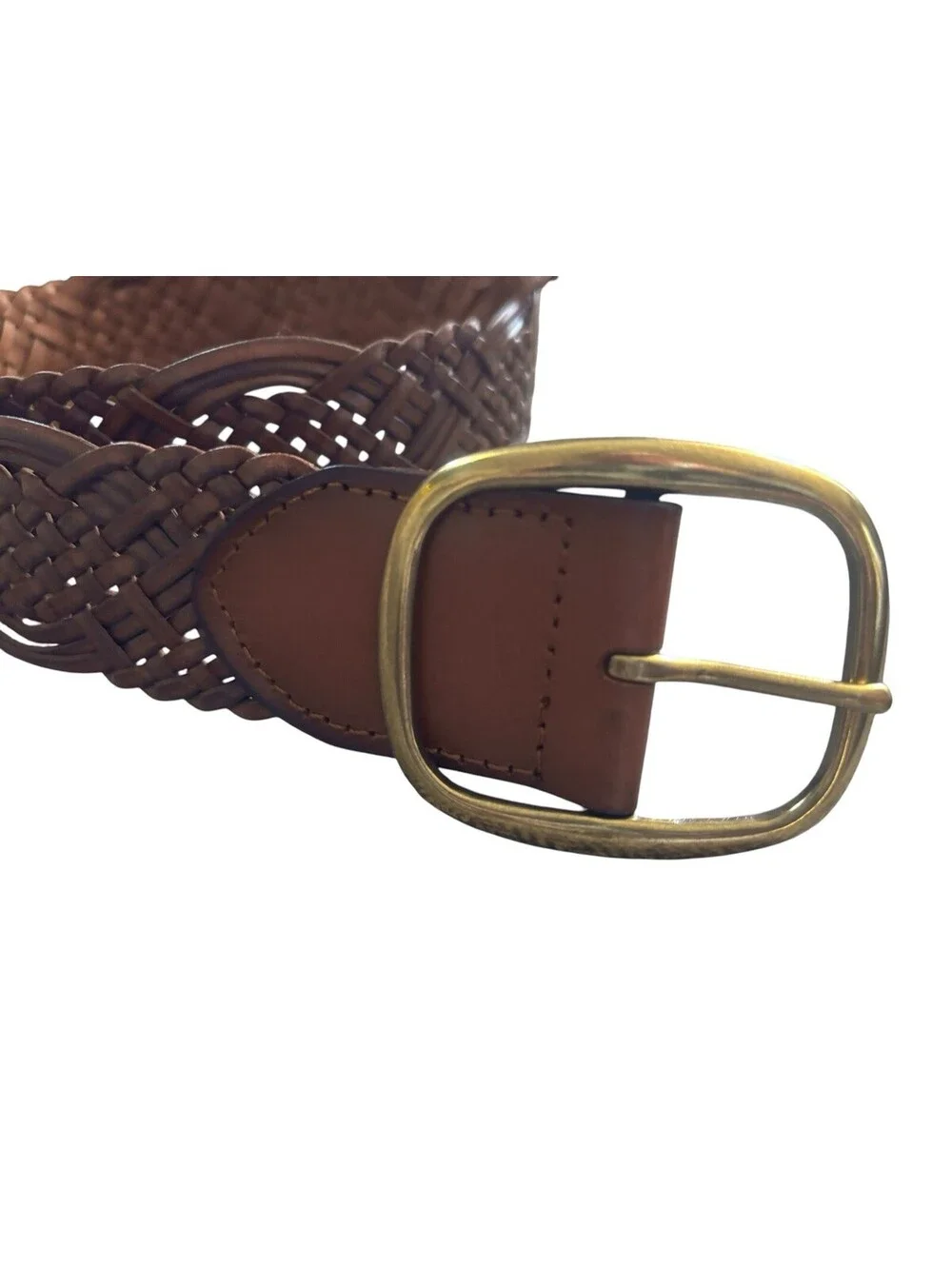 Braided Wide Brown Leather Fashion Belt Brass Buckle 43” Long - Size M/L Y2K